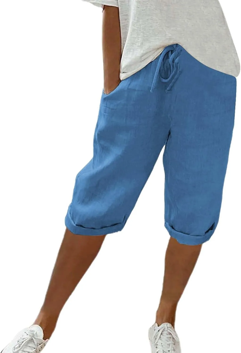 Women's Linen Capri Pants with Drawstring Drawstring Casual Solid Color Shorts Loose Comfy Trendy Elastic Waist Cropped