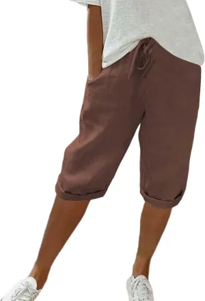 Women's Linen Capri Pants with Drawstring Drawstring Casual Solid Color Shorts Loose Comfy Trendy Elastic Waist Cropped