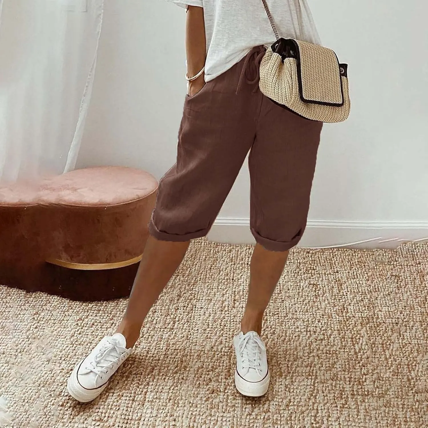Women's Linen Capri Pants with Drawstring Drawstring Casual Solid Color Shorts Loose Comfy Trendy Elastic Waist Cropped