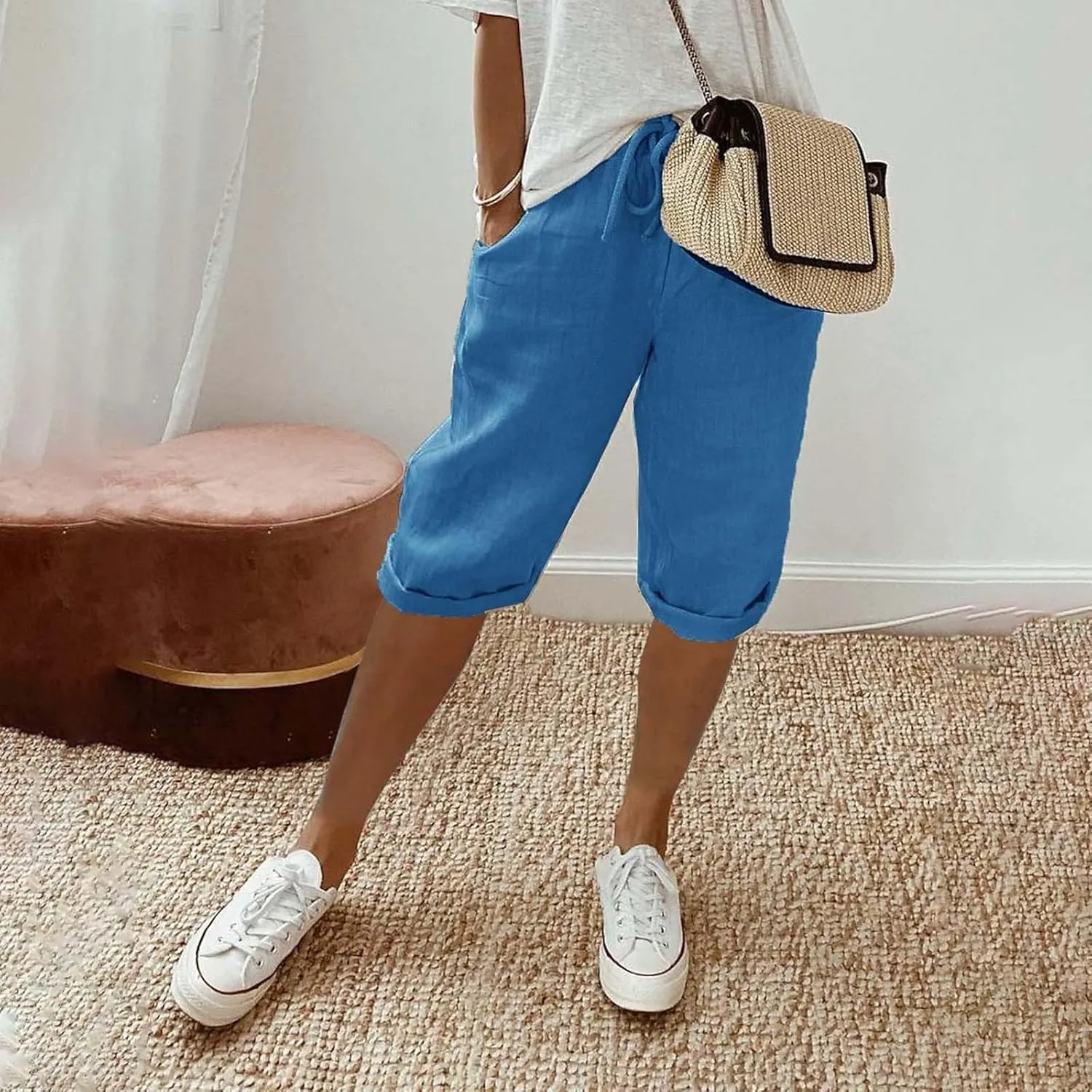 Women's Linen Capri Pants with Drawstring Drawstring Casual Solid Color Shorts Loose Comfy Trendy Elastic Waist Cropped
