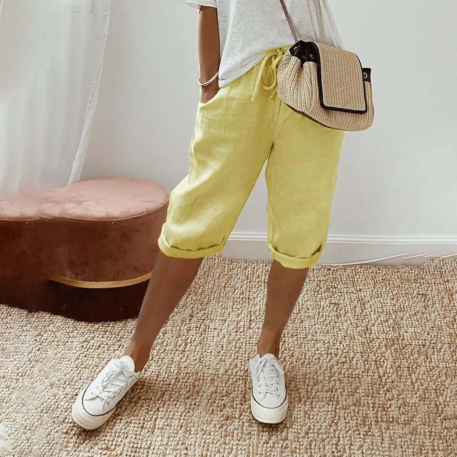 Women's Linen Capri Pants with Drawstring Drawstring Casual Solid Color Shorts Loose Comfy Trendy Elastic Waist Cropped