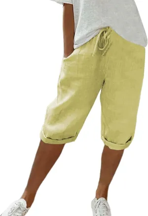 Women's Linen Capri Pants with Drawstring Drawstring Casual Solid Color Shorts Loose Comfy Trendy Elastic Waist Cropped