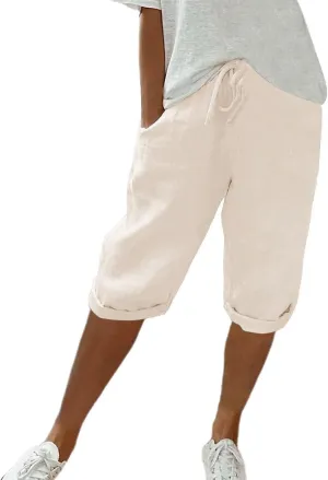 Women's Linen Capri Pants with Drawstring Drawstring Casual Solid Color Shorts Loose Comfy Trendy Elastic Waist Cropped