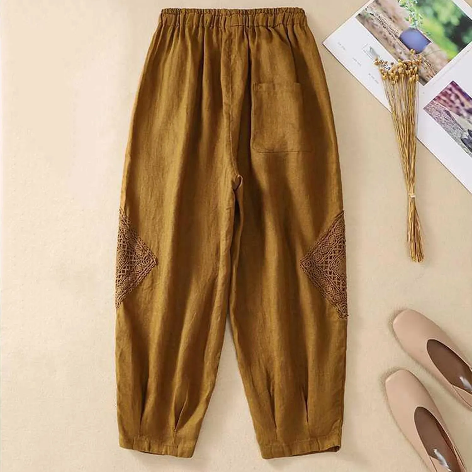 Womens Linen Lounge Trousers Solid Color Loose Straight Leg Pants Plus Size Elastic Waist Casual Trousers Daily Pants