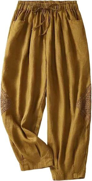 Womens Linen Lounge Trousers Solid Color Loose Straight Leg Pants Plus Size Elastic Waist Casual Trousers Daily Pants