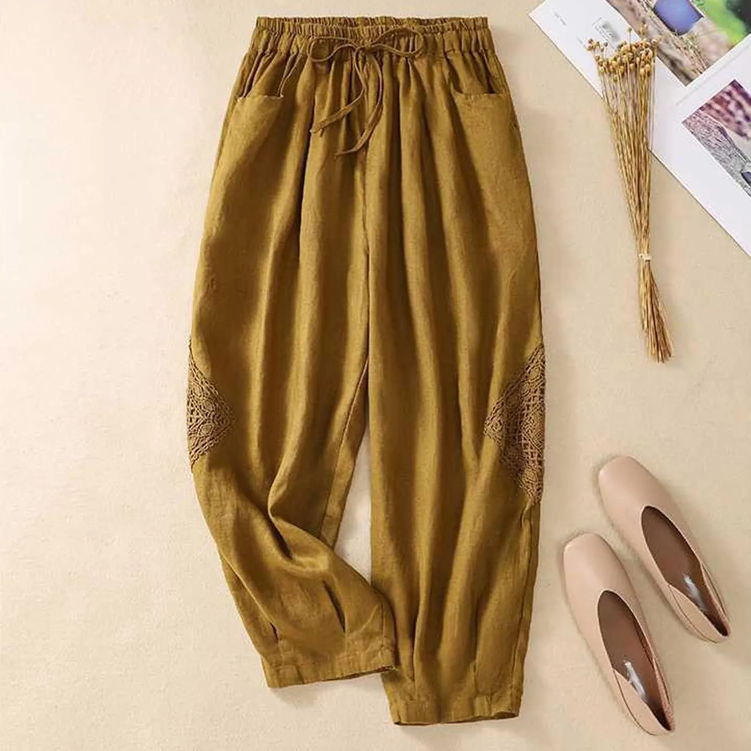 Womens Linen Lounge Trousers Solid Color Loose Straight Leg Pants Plus Size Elastic Waist Casual Trousers Daily Pants