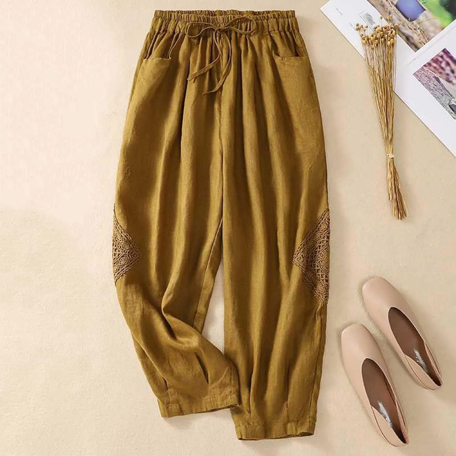 Womens Linen Lounge Trousers Solid Color Loose Straight Leg Pants Plus Size Elastic Waist Casual Trousers Daily Pants