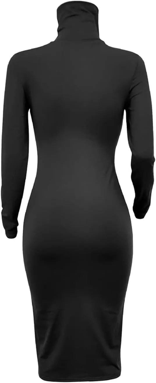 Women's Long Sleeve Turtleneck Dresses 2024 Trendy Sexy Basic Mock Neck Midi Dresses Holiday Party Bodycon Pencil Dress