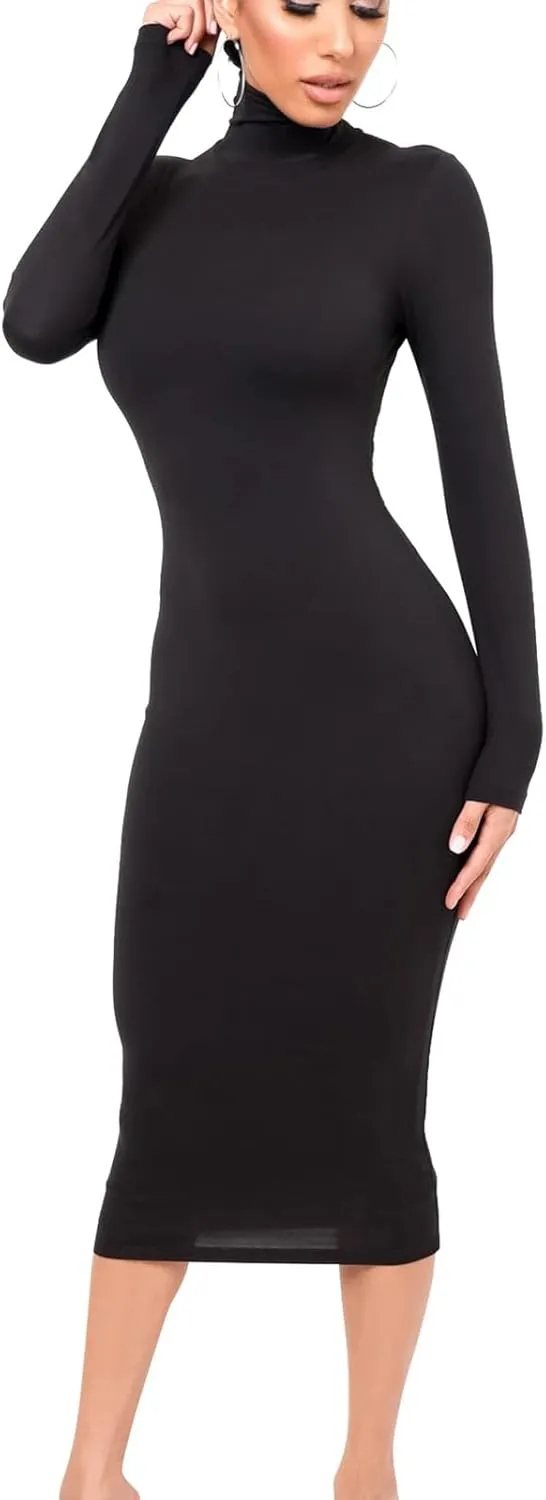 Women's Long Sleeve Turtleneck Dresses 2024 Trendy Sexy Basic Mock Neck Midi Dresses Holiday Party Bodycon Pencil Dress