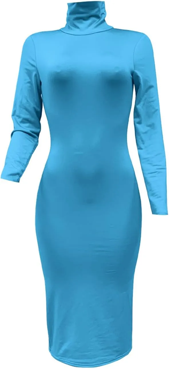 Women's Long Sleeve Turtleneck Dresses 2024 Trendy Sexy Basic Mock Neck Midi Dresses Holiday Party Bodycon Pencil Dress