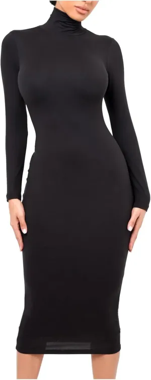 Women's Long Sleeve Turtleneck Dresses 2024 Trendy Sexy Basic Mock Neck Midi Dresses Holiday Party Bodycon Pencil Dress