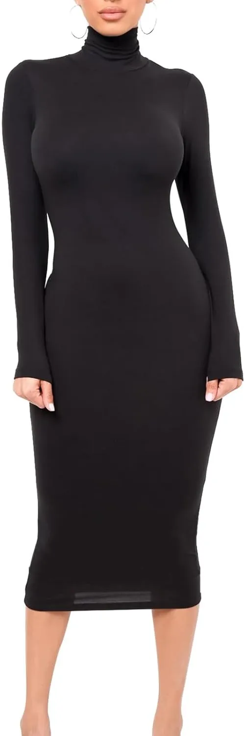 Women's Long Sleeve Turtleneck Dresses 2024 Trendy Sexy Basic Mock Neck Midi Dresses Holiday Party Bodycon Pencil Dress