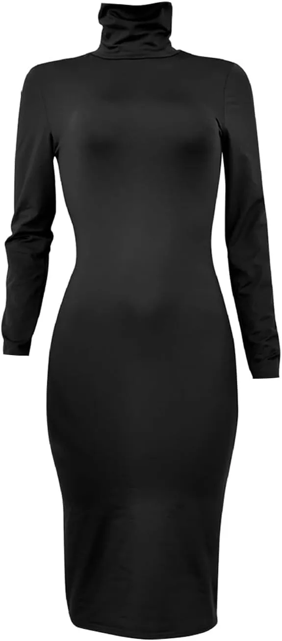 Women's Long Sleeve Turtleneck Dresses 2024 Trendy Sexy Basic Mock Neck Midi Dresses Holiday Party Bodycon Pencil Dress