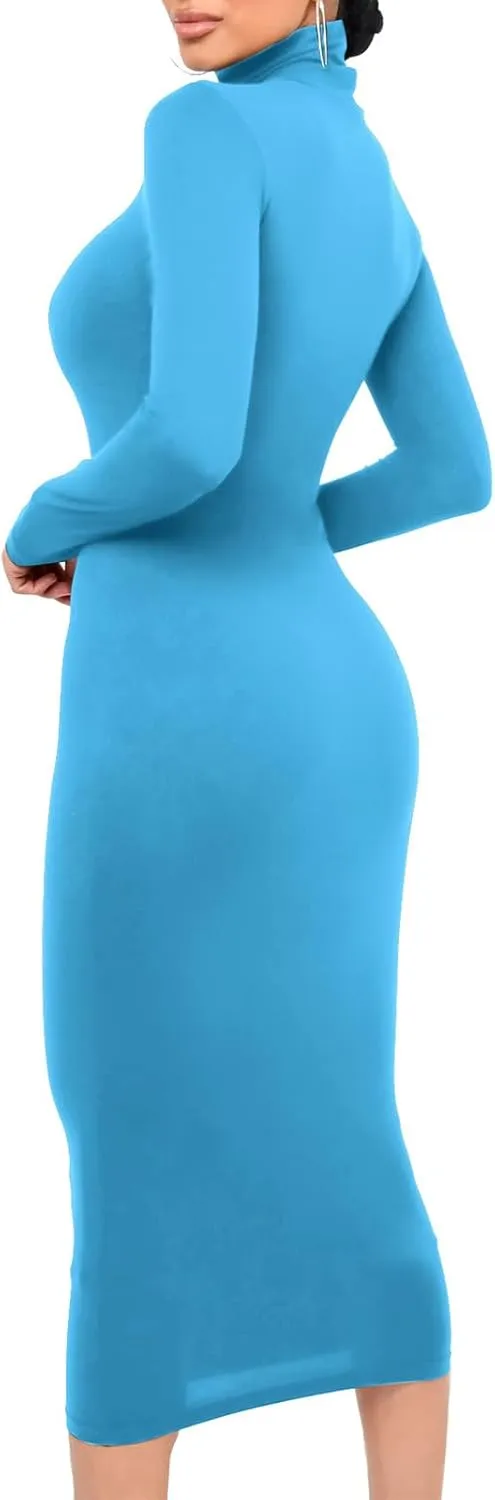 Women's Long Sleeve Turtleneck Dresses 2024 Trendy Sexy Basic Mock Neck Midi Dresses Holiday Party Bodycon Pencil Dress