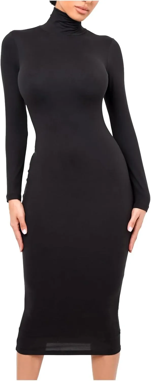 Women's Long Sleeve Turtleneck Dresses 2024 Trendy Sexy Basic Mock Neck Midi Dresses Holiday Party Bodycon Pencil Dress