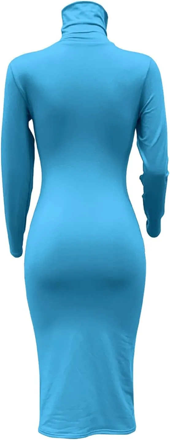 Women's Long Sleeve Turtleneck Dresses 2024 Trendy Sexy Basic Mock Neck Midi Dresses Holiday Party Bodycon Pencil Dress
