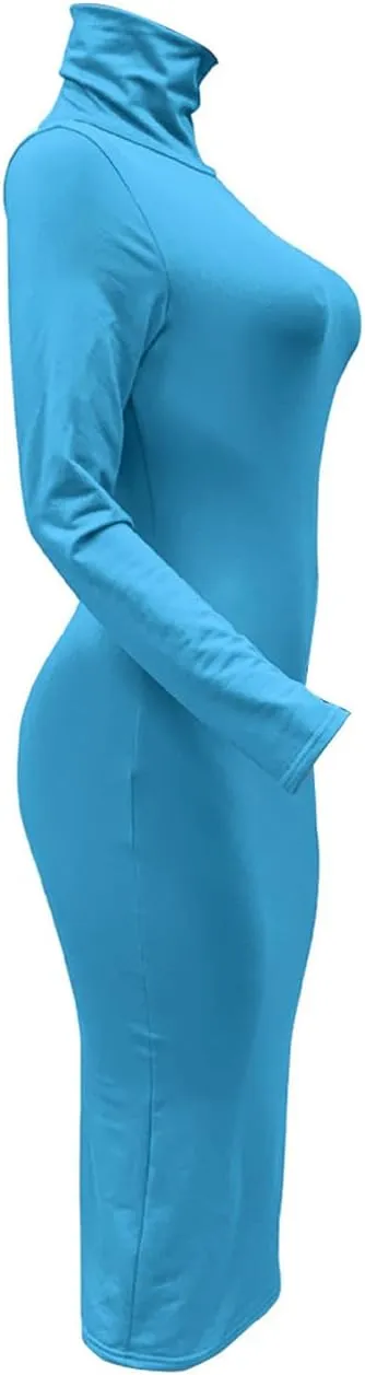 Women's Long Sleeve Turtleneck Dresses 2024 Trendy Sexy Basic Mock Neck Midi Dresses Holiday Party Bodycon Pencil Dress