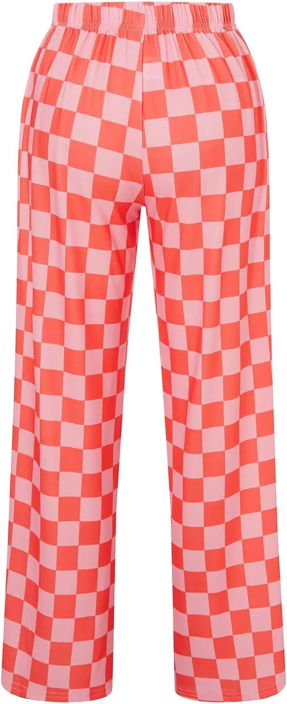 Women's Loose Checkered Wide Leg Pants Casual High Waist Straight Lounge Trousers Y2K Gingham Pants