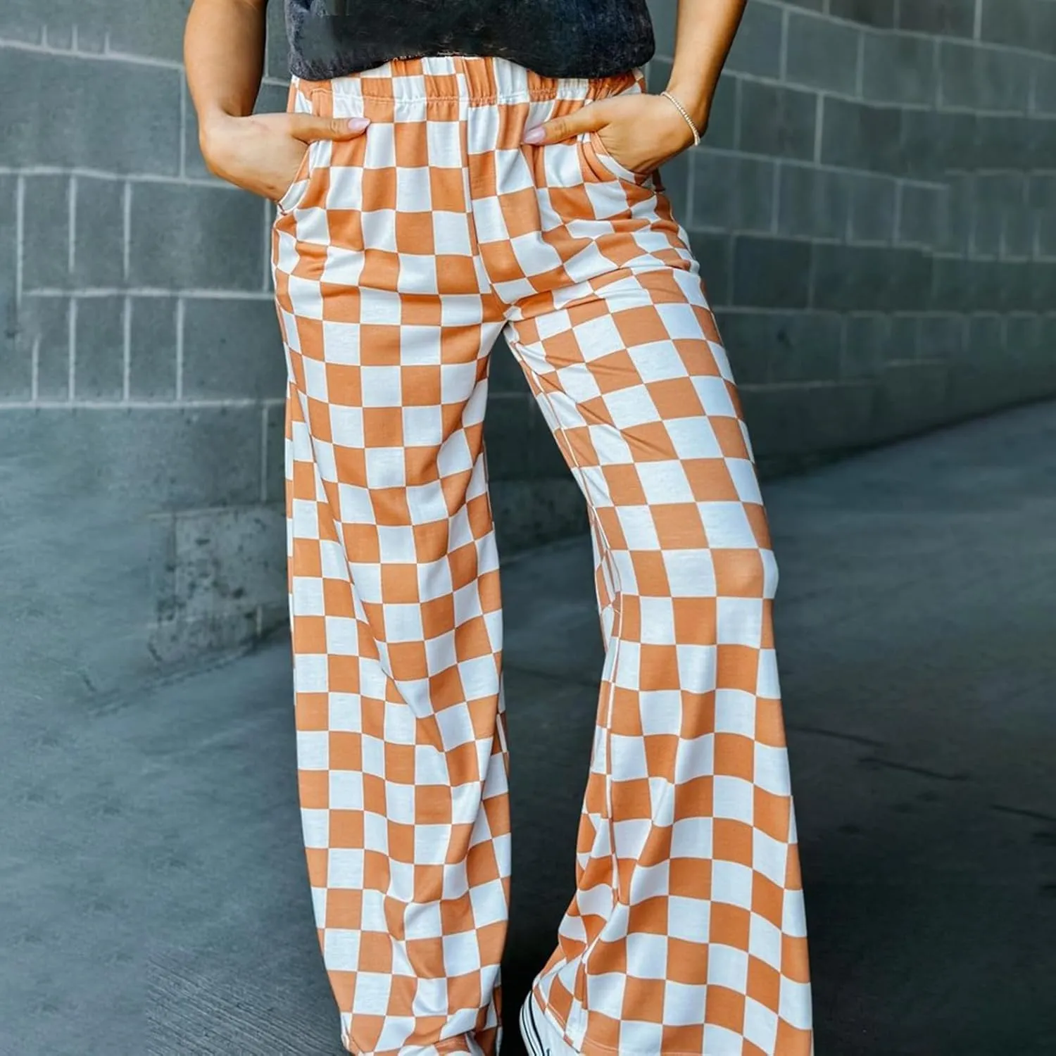 Women's Loose Checkered Wide Leg Pants Casual High Waist Straight Lounge Trousers Y2K Gingham Pants