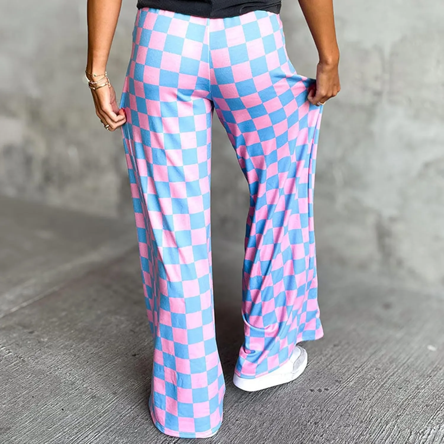 Women's Loose Checkered Wide Leg Pants Casual High Waist Straight Lounge Trousers Y2K Gingham Pants