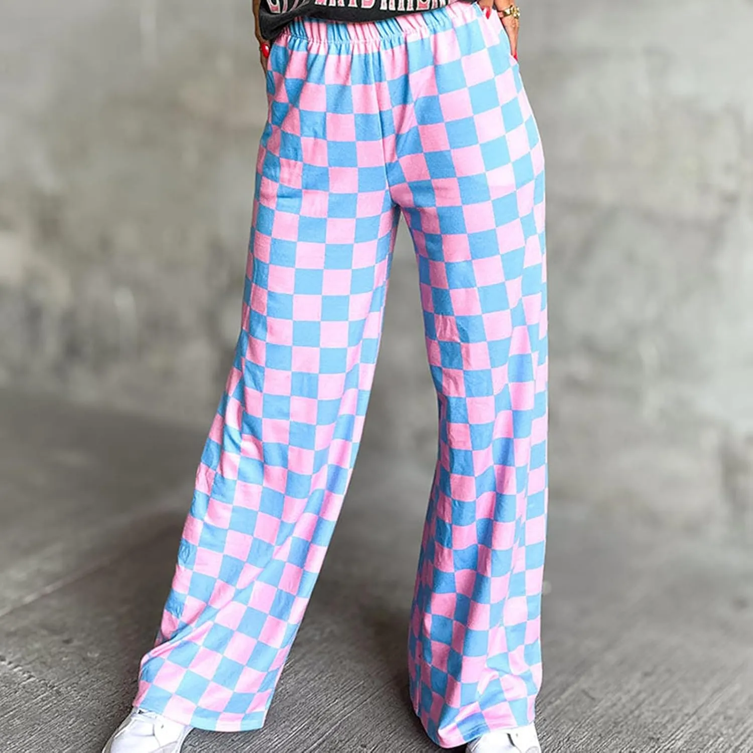 Women's Loose Checkered Wide Leg Pants Casual High Waist Straight Lounge Trousers Y2K Gingham Pants