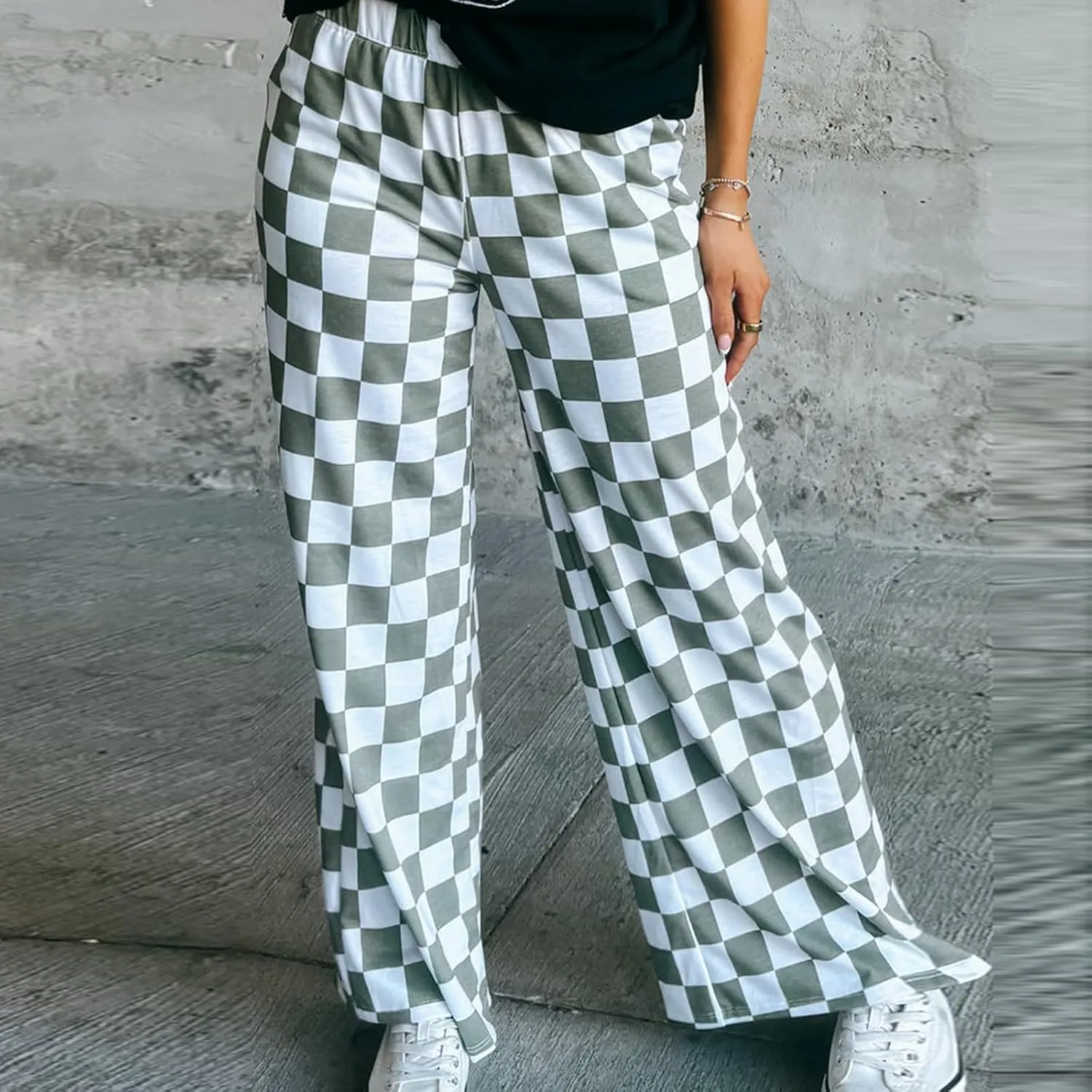 Women's Loose Checkered Wide Leg Pants Casual High Waist Straight Lounge Trousers Y2K Gingham Pants