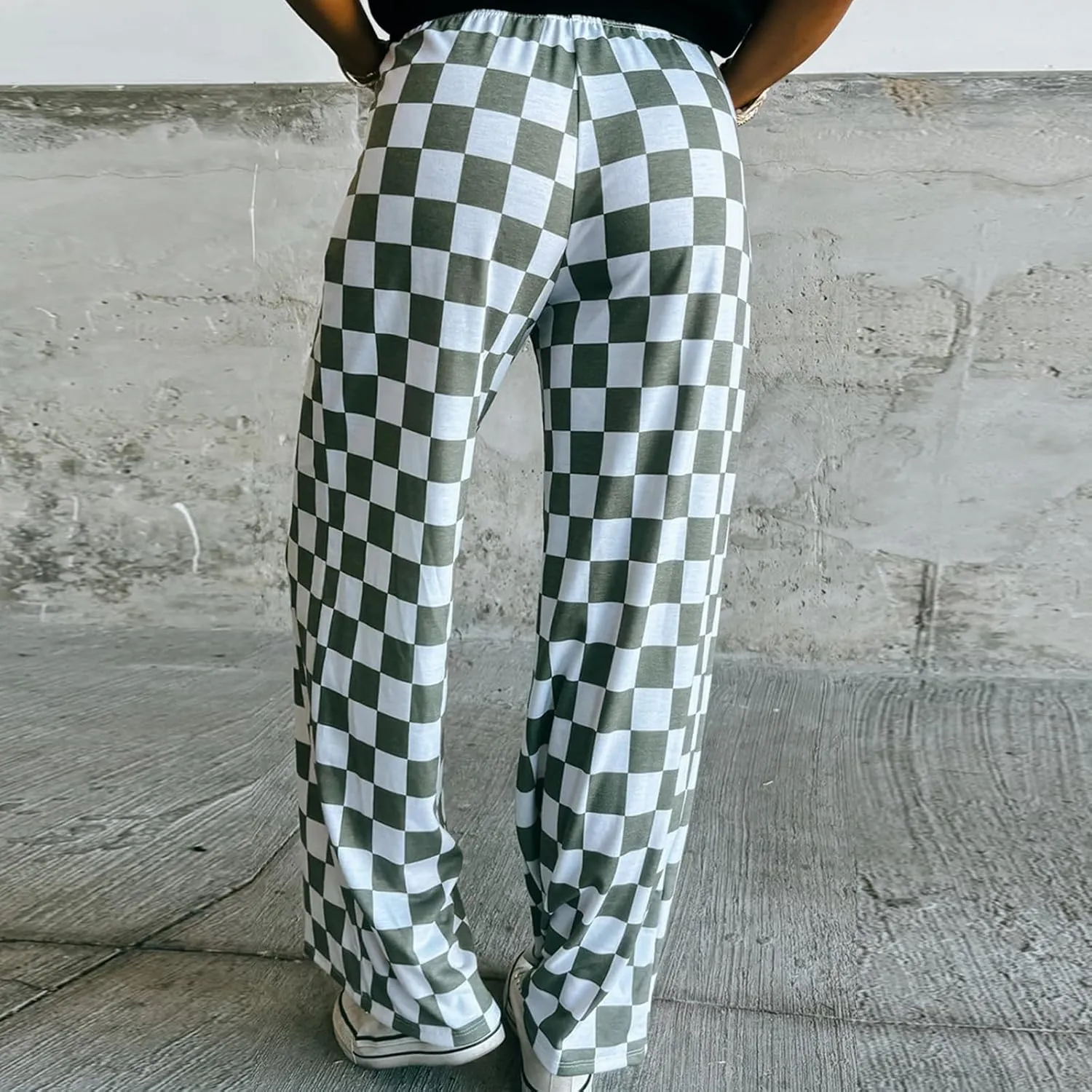 Women's Loose Checkered Wide Leg Pants Casual High Waist Straight Lounge Trousers Y2K Gingham Pants