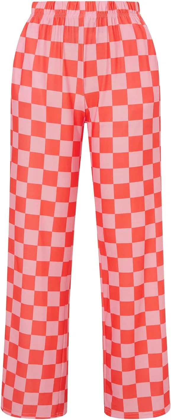 Women's Loose Checkered Wide Leg Pants Casual High Waist Straight Lounge Trousers Y2K Gingham Pants