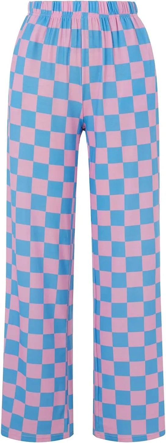 Women's Loose Checkered Wide Leg Pants Casual High Waist Straight Lounge Trousers Y2K Gingham Pants