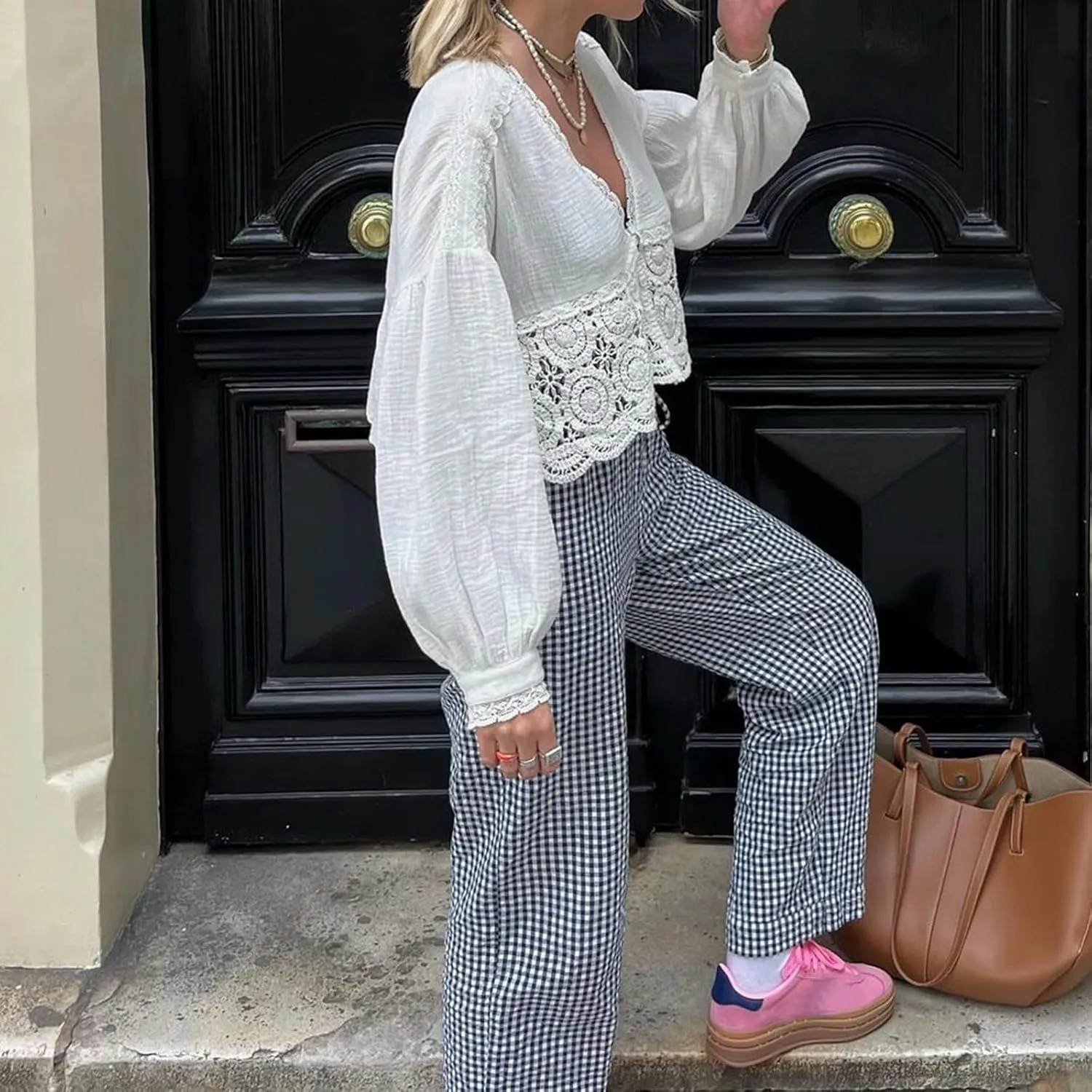 Women's Loose Checkered Wide Leg Pants Casual High Waist Straight Lounge Trousers Y2K Gingham Pants