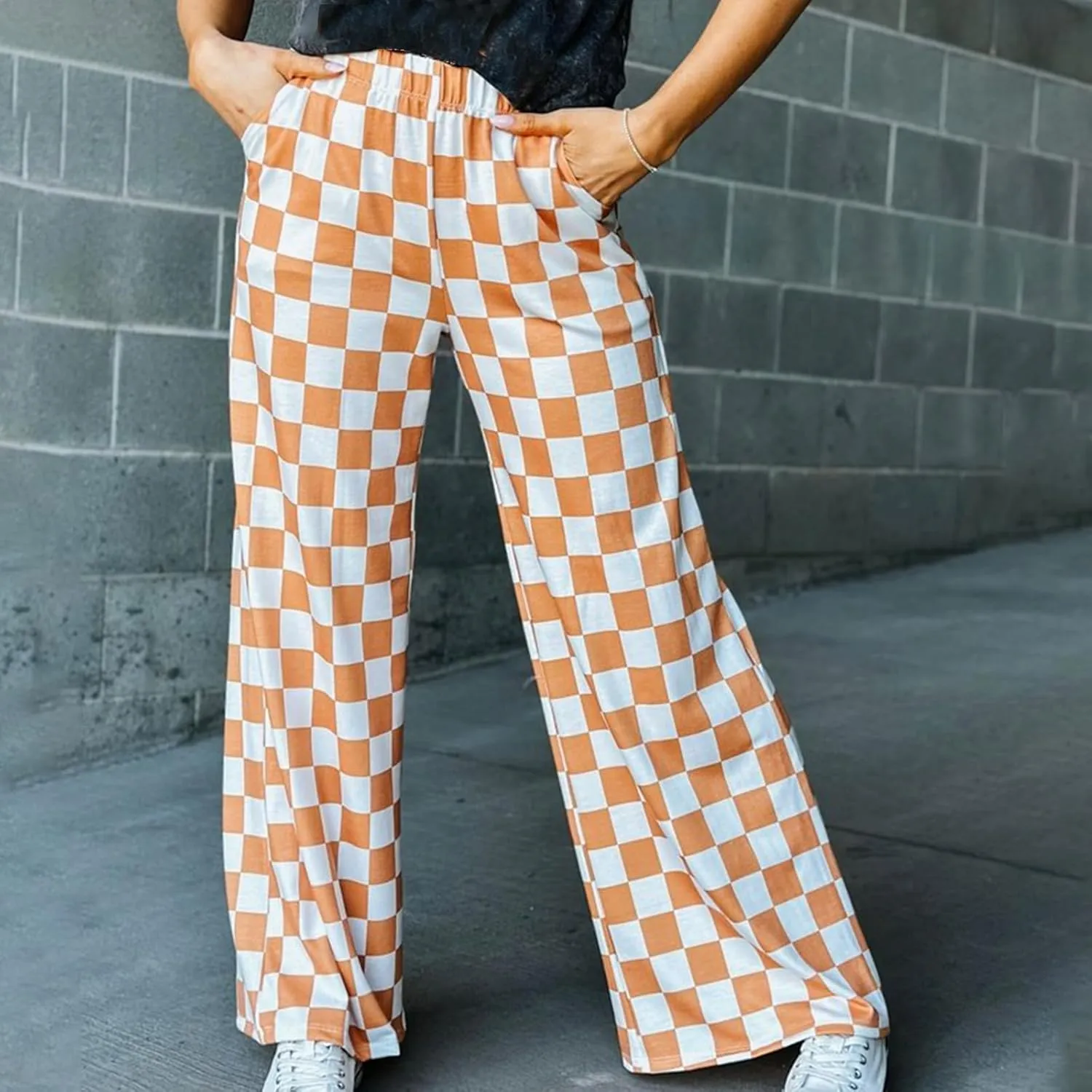 Women's Loose Checkered Wide Leg Pants Casual High Waist Straight Lounge Trousers Y2K Gingham Pants