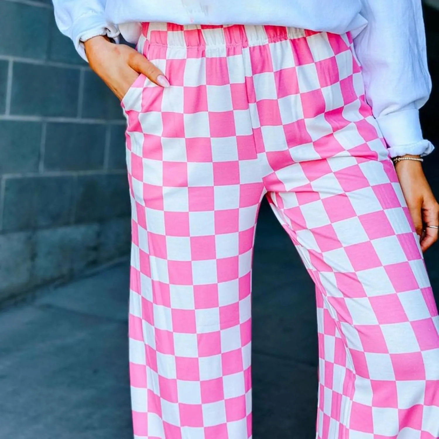 Women's Loose Checkered Wide Leg Pants Casual High Waist Straight Lounge Trousers Y2K Gingham Pants