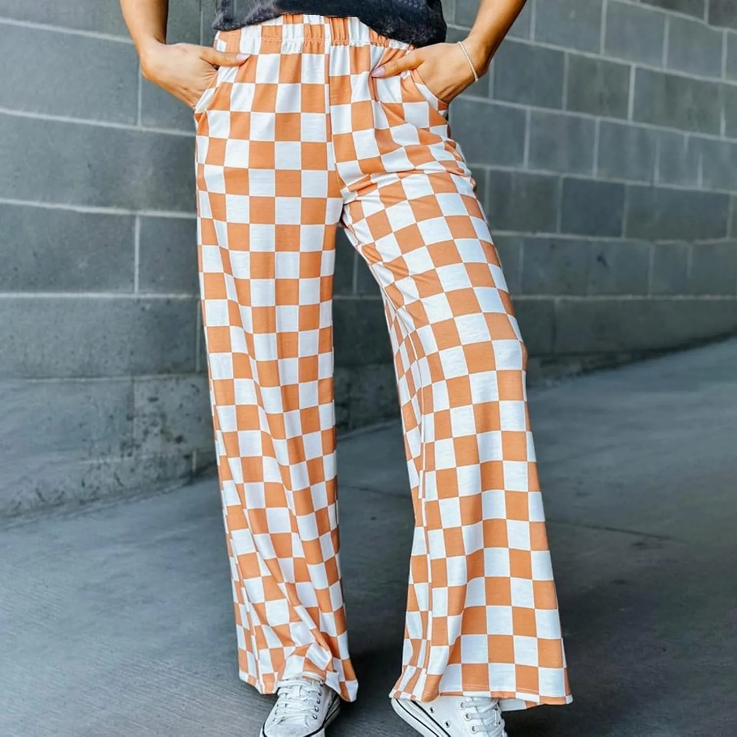 Women's Loose Checkered Wide Leg Pants Casual High Waist Straight Lounge Trousers Y2K Gingham Pants