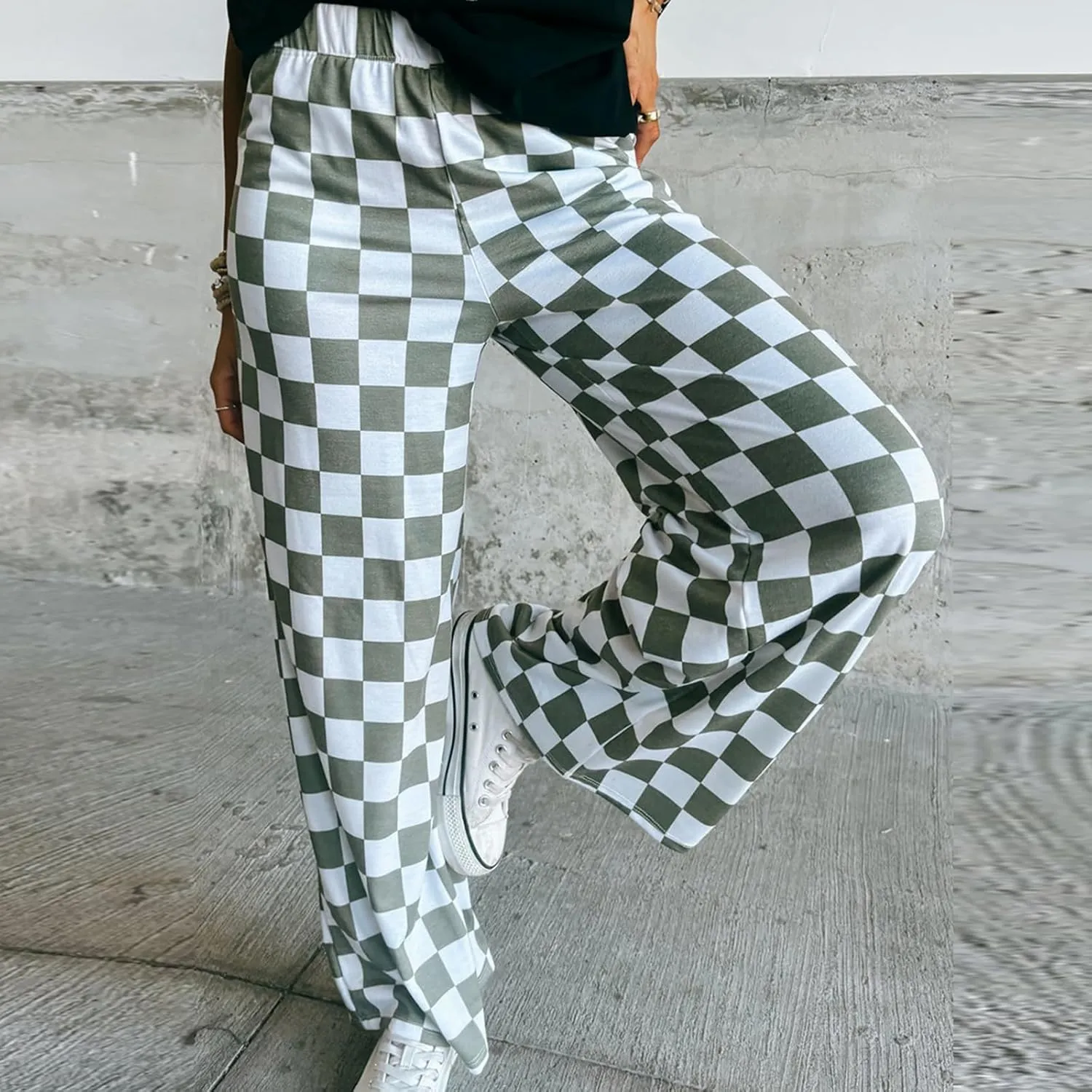 Women's Loose Checkered Wide Leg Pants Casual High Waist Straight Lounge Trousers Y2K Gingham Pants