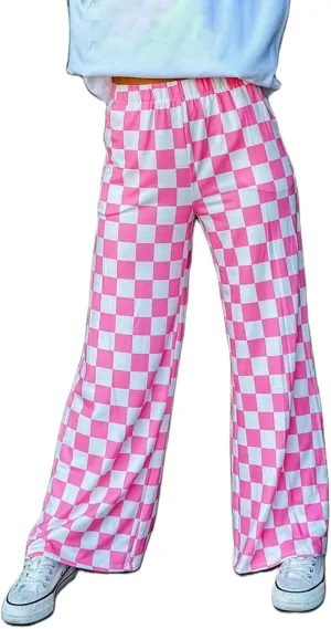 Women's Loose Checkered Wide Leg Pants Casual High Waist Straight Lounge Trousers Y2K Gingham Pants