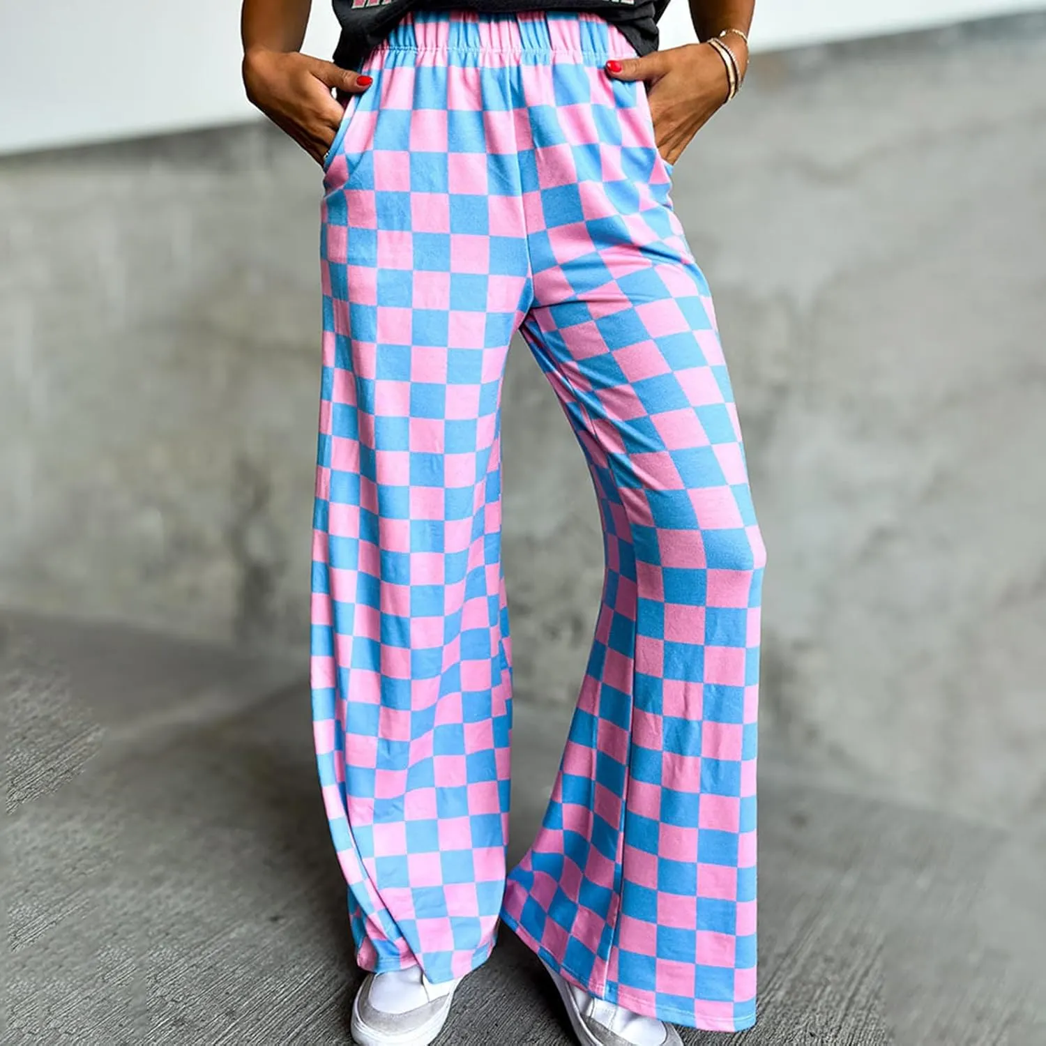 Women's Loose Checkered Wide Leg Pants Casual High Waist Straight Lounge Trousers Y2K Gingham Pants