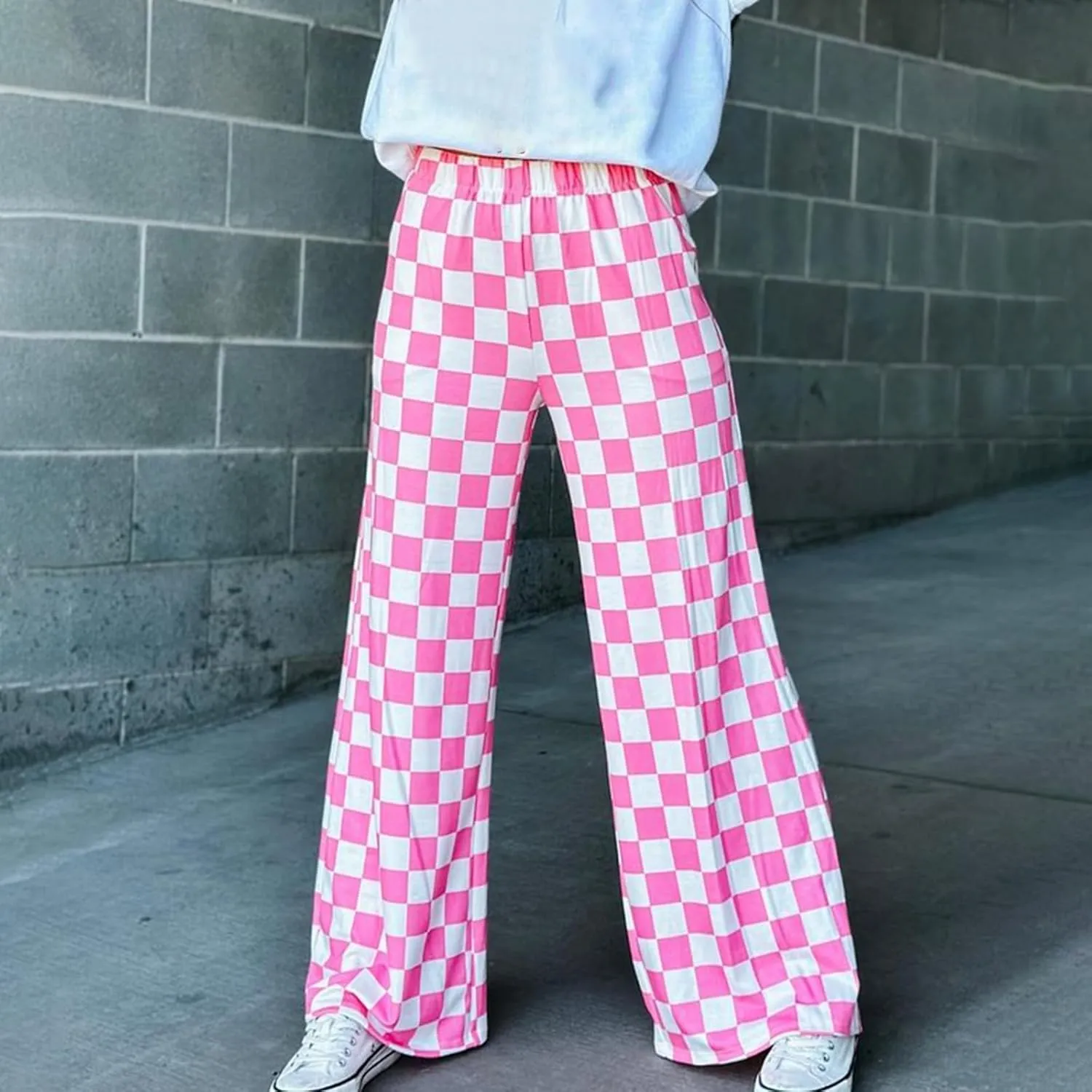 Women's Loose Checkered Wide Leg Pants Casual High Waist Straight Lounge Trousers Y2K Gingham Pants