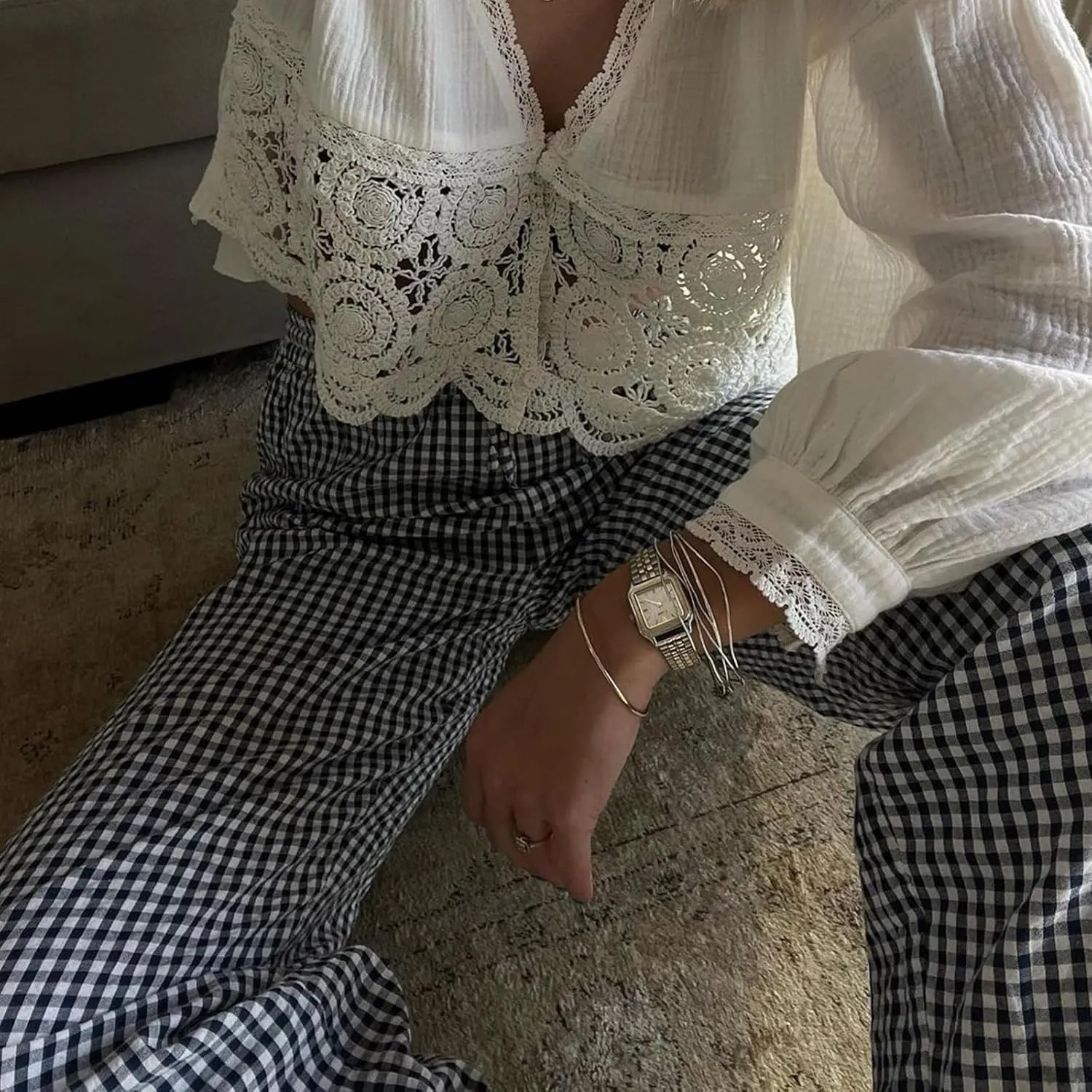 Women's Loose Checkered Wide Leg Pants Casual High Waist Straight Lounge Trousers Y2K Gingham Pants