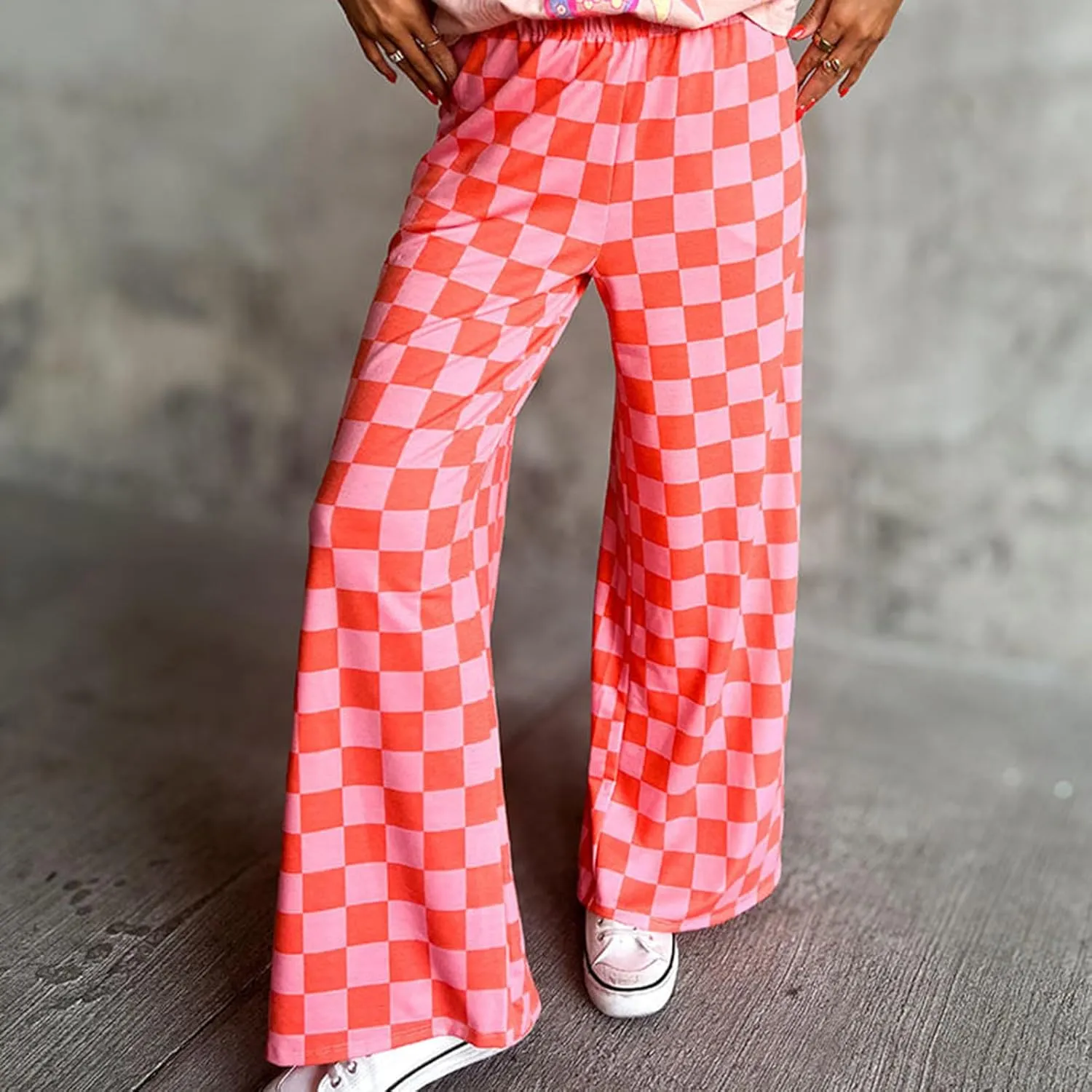 Women's Loose Checkered Wide Leg Pants Casual High Waist Straight Lounge Trousers Y2K Gingham Pants