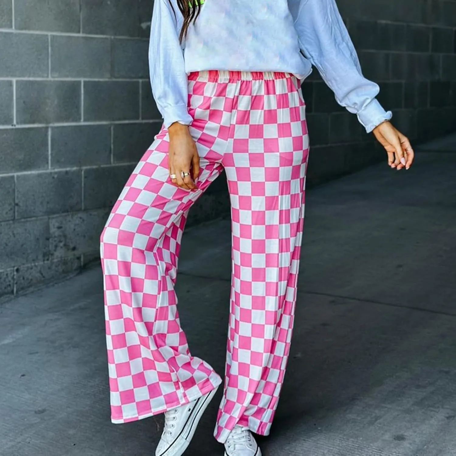 Women's Loose Checkered Wide Leg Pants Casual High Waist Straight Lounge Trousers Y2K Gingham Pants
