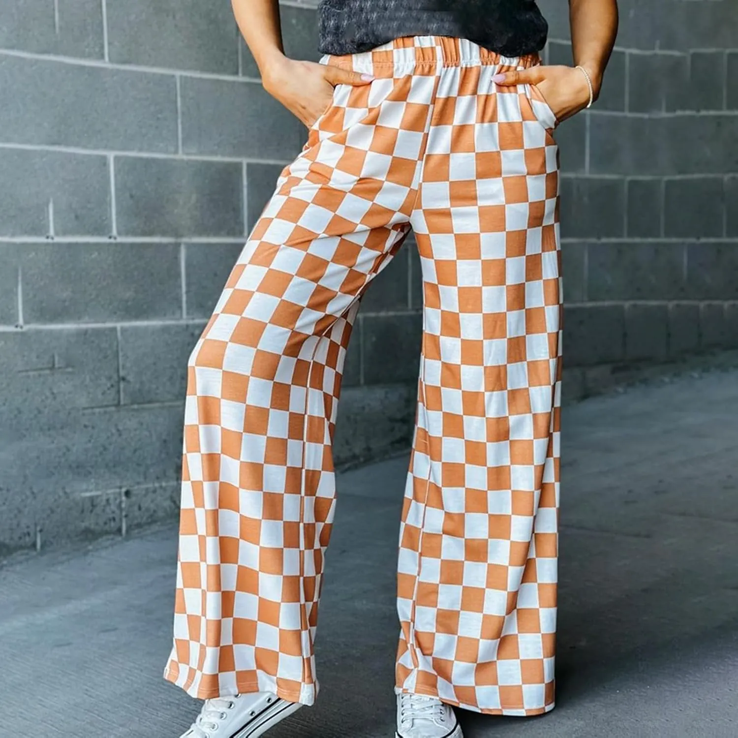 Women's Loose Checkered Wide Leg Pants Casual High Waist Straight Lounge Trousers Y2K Gingham Pants