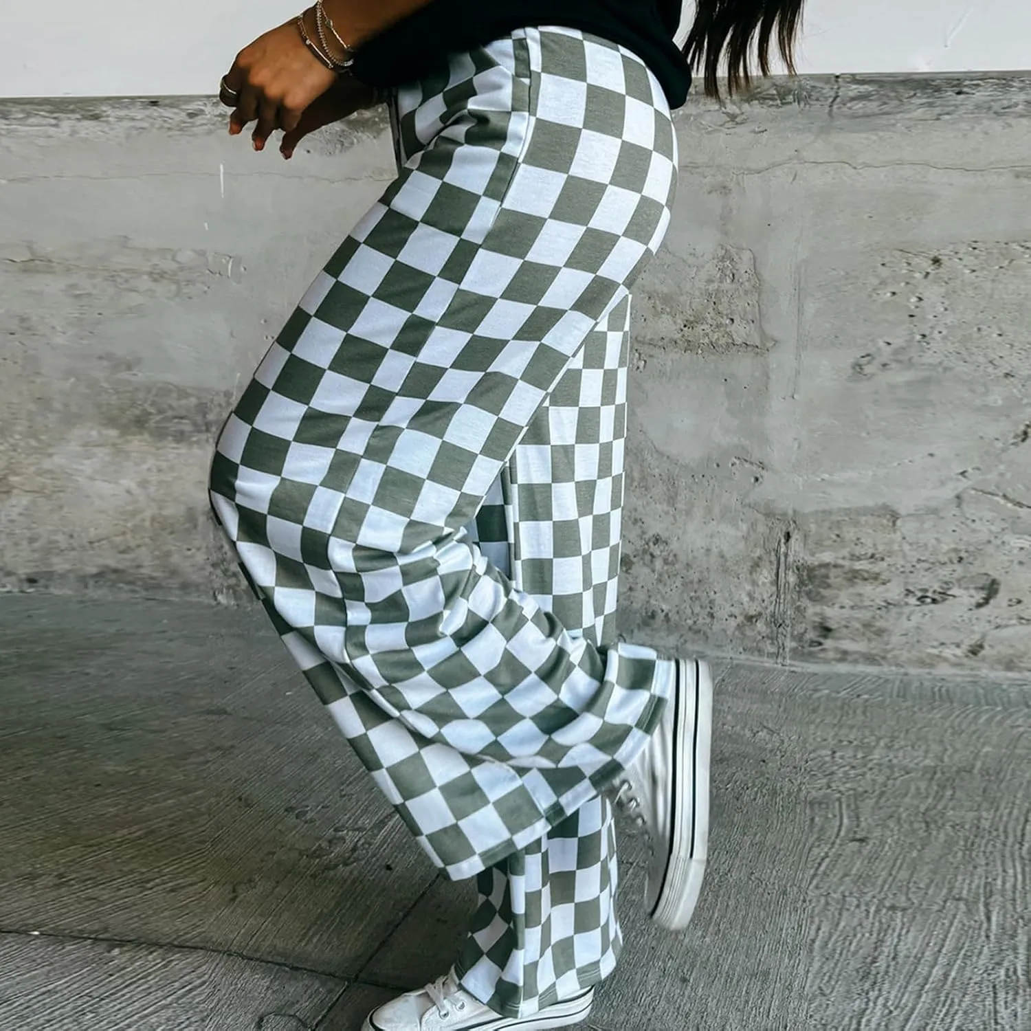 Women's Loose Checkered Wide Leg Pants Casual High Waist Straight Lounge Trousers Y2K Gingham Pants