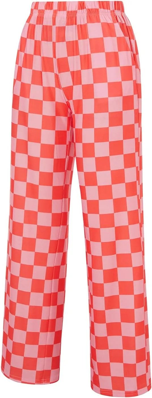 Women's Loose Checkered Wide Leg Pants Casual High Waist Straight Lounge Trousers Y2K Gingham Pants