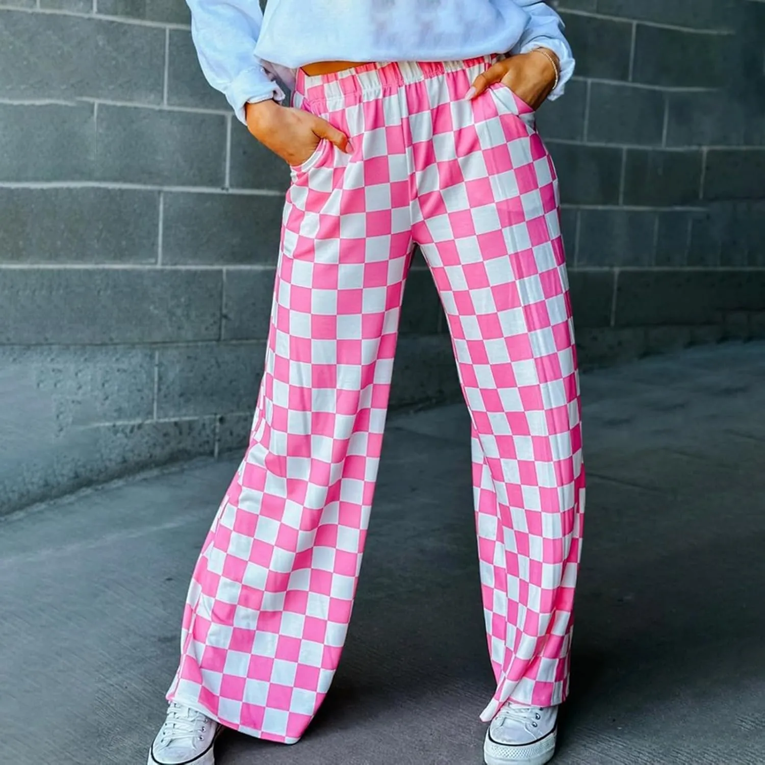 Women's Loose Checkered Wide Leg Pants Casual High Waist Straight Lounge Trousers Y2K Gingham Pants