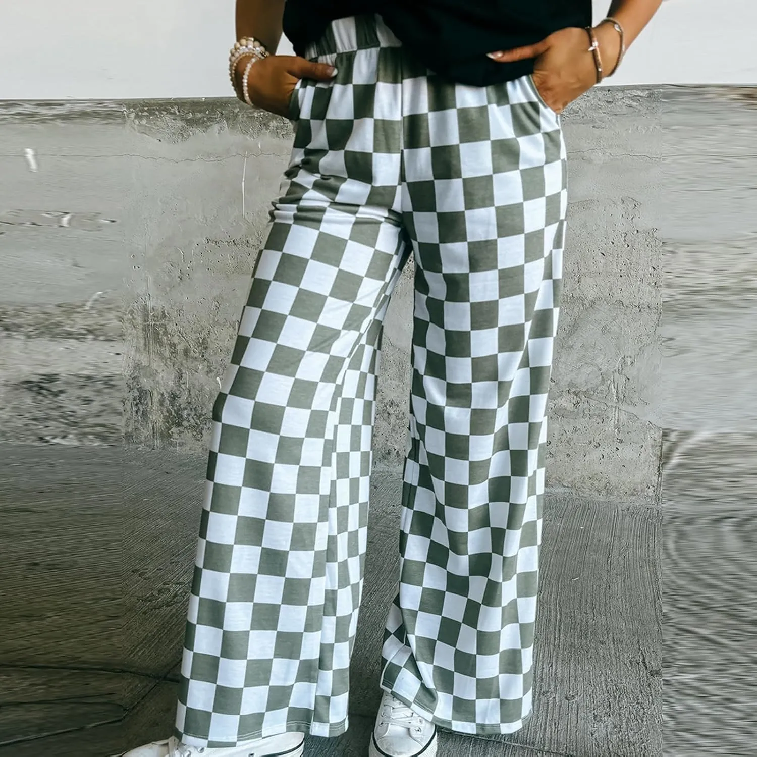 Women's Loose Checkered Wide Leg Pants Casual High Waist Straight Lounge Trousers Y2K Gingham Pants