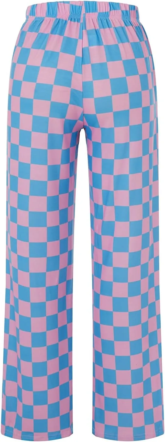 Women's Loose Checkered Wide Leg Pants Casual High Waist Straight Lounge Trousers Y2K Gingham Pants