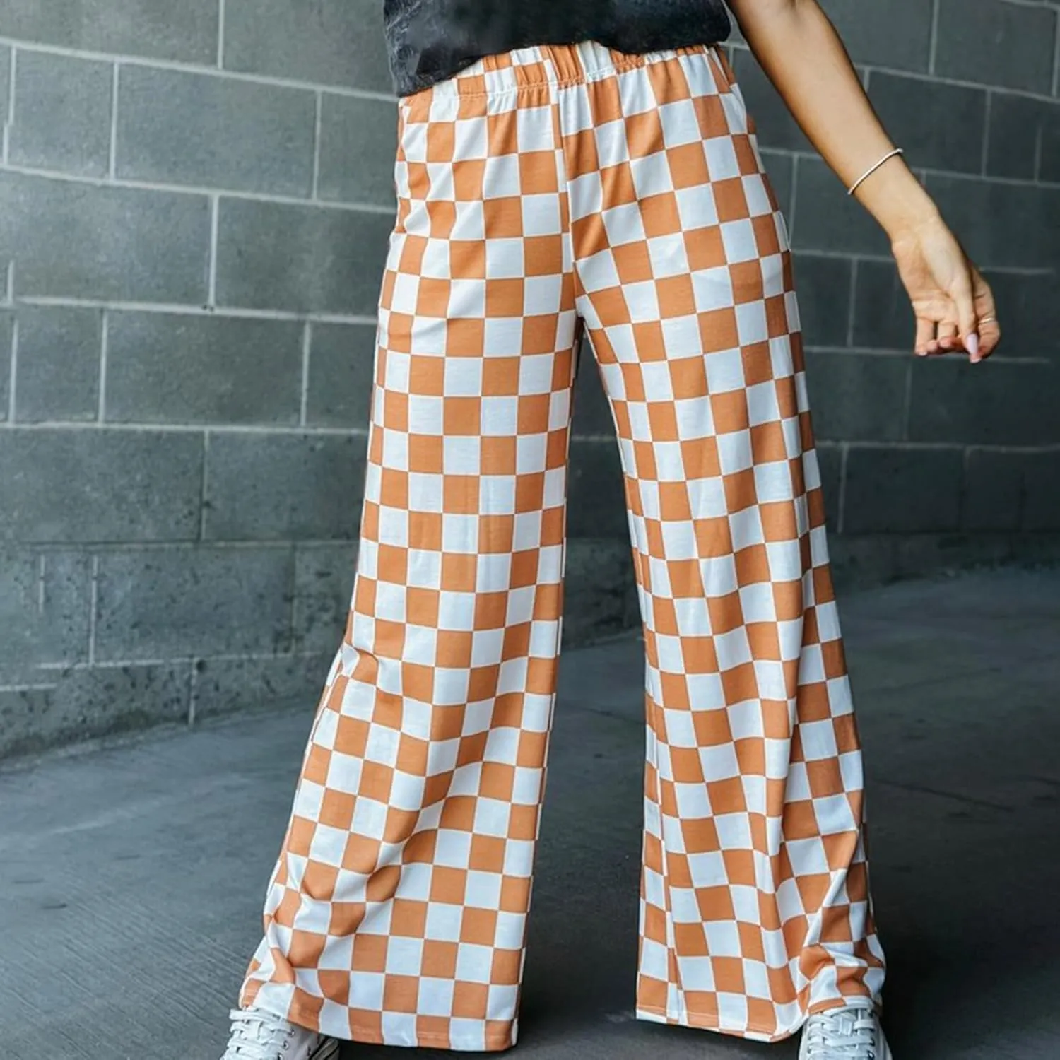 Women's Loose Checkered Wide Leg Pants Casual High Waist Straight Lounge Trousers Y2K Gingham Pants