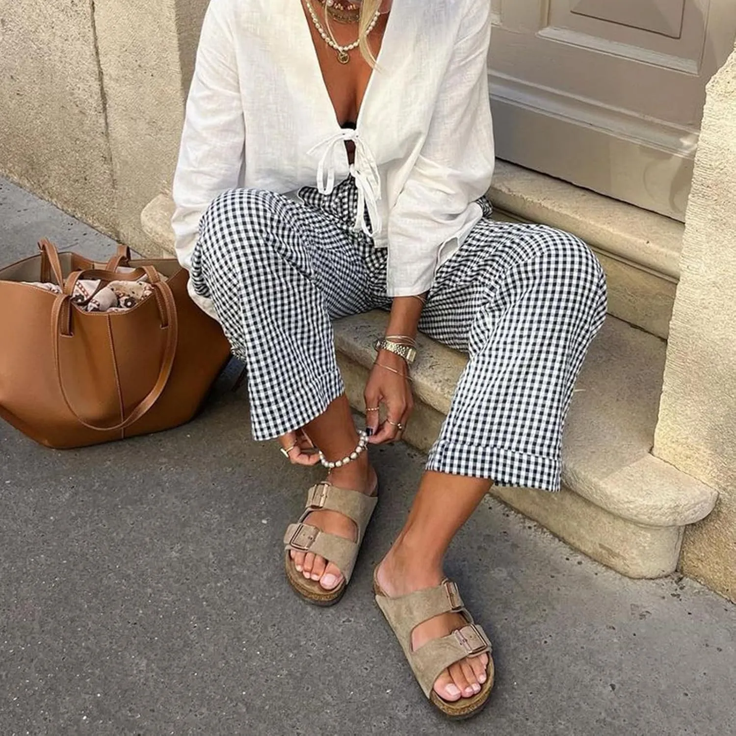 Women's Loose Checkered Wide Leg Pants Casual High Waist Straight Lounge Trousers Y2K Gingham Pants