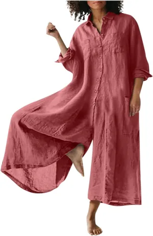 Women's Loose Cotton Linen One Piece Beach Jumpsuit Casual Fashion Wide Leg Bib Overalls Palazzo Pants with Pockets
