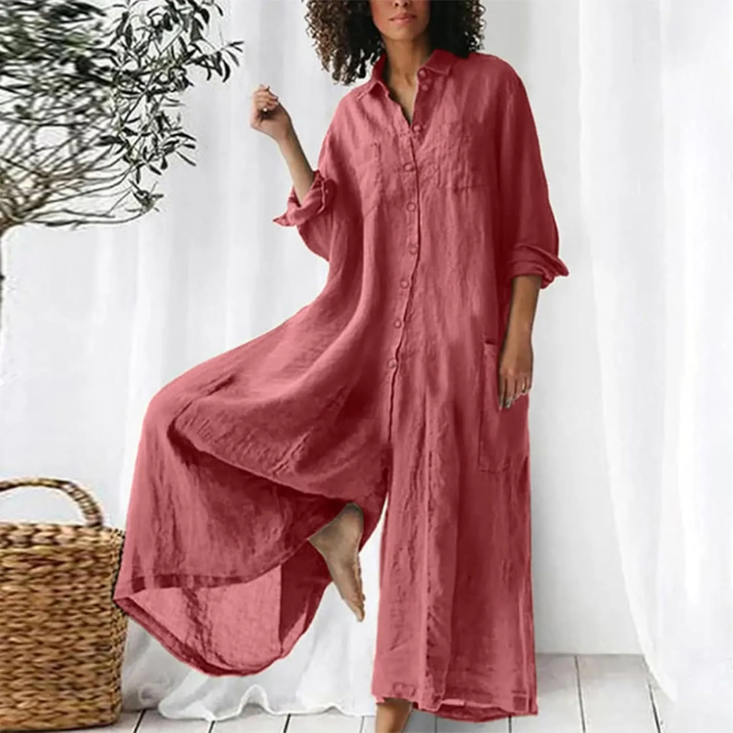 Women's Loose Cotton Linen One Piece Beach Jumpsuit Casual Fashion Wide Leg Bib Overalls Palazzo Pants with Pockets